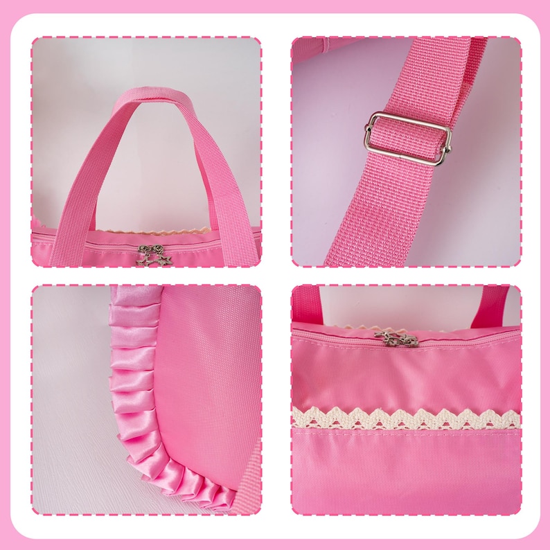 May include: A pink tote bag with a matching shoulder strap. The bag features a zipper closure, decorative lace trim, and a ruffled side panel. The bag's handles are also pink. The hardware is silver-colored.