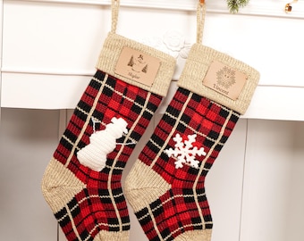 Personalized Knit Christmas Stocking: Engraved Leather Patch, Family Stocking Set
