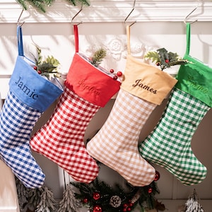 Plaid Stocking, Personalized Plaid Stockings for Family, Christmas Stocking, Embroidered Stocking, Holiday Stocking, Unique Christmas Gift