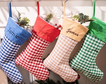 Personalized Plaid Christmas Stocking: Embroidered Leather Patch
