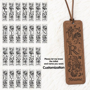 May include: A set of 26 leather bookmarks with a decorative floral design and a single letter initial. The bookmarks are brown and have a black floral design. The bookmarks are customizable with a name and initial. Please let me know the initial and name you want. Customization.