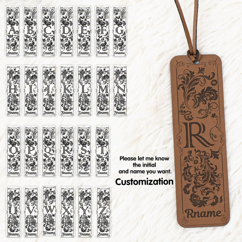May include: A set of 26 leather bookmarks with a decorative floral design and a single letter initial. The bookmarks are brown and have a black floral design. The bookmarks are customizable with a name and initial. Please let me know the initial and name you want. Customization.