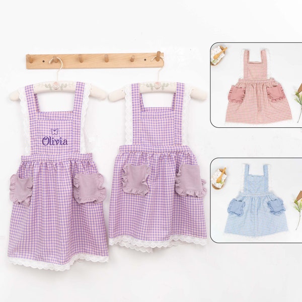 Personalized Kid’s Apron With  Embroidery Name, Cross Back With Plaid Pockets, Kid's Cooking Pinafore, Christmas Gifts for Kids/Girls