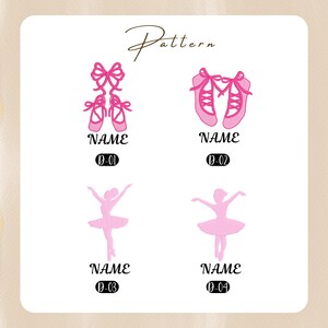 Peut inclure: Fond blanc avec des illustrations roses sur le th&egrave;me du ballet. Les motifs comprennent des chaussons de ballet avec des n&oelig;uds et des ballerines dans diverses poses. Le mot &laquo;&nbsp;Pattern&nbsp;&raquo; est &eacute;crit en cursive en haut, avec le mot &laquo;&nbsp;NAME&nbsp;&raquo; et un num&eacute;ro en dessous.