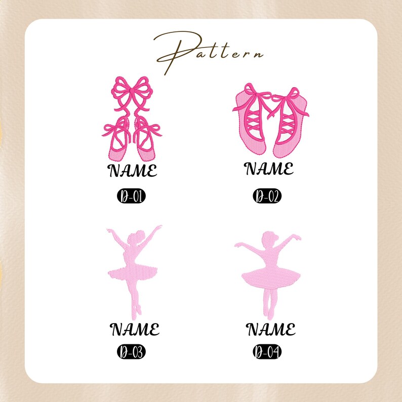 Peut inclure: Fond blanc avec des illustrations roses sur le th&egrave;me du ballet. Les motifs comprennent des chaussons de ballet avec des n&oelig;uds et des ballerines dans diverses poses. Le mot &laquo;&nbsp;Pattern&nbsp;&raquo; est &eacute;crit en cursive en haut, avec le mot &laquo;&nbsp;NAME&nbsp;&raquo; et un num&eacute;ro en dessous.