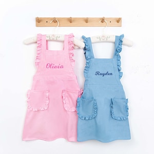 Kids Apron, Personalized Toddler Apron with Embroidered Name for Girl, Gifts for Kids, Toddler Cooking Pinafore, Ruffle Cross Back Pockets