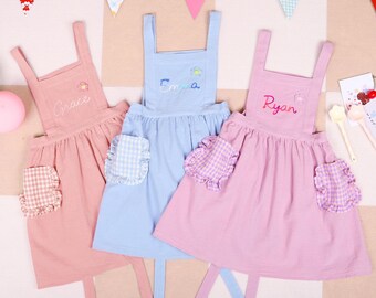 Personalized Name Kids Apron, Adjustable Cotton Apron with Ruffle Pockets, Baking Smock for Girls