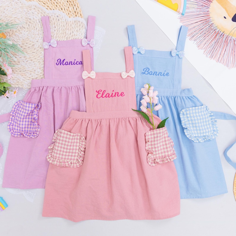 Embroidered Name Kids Apron, Cooking Apron with Sequin Bows, Adjustable Straps & Gingham Pockets image 11