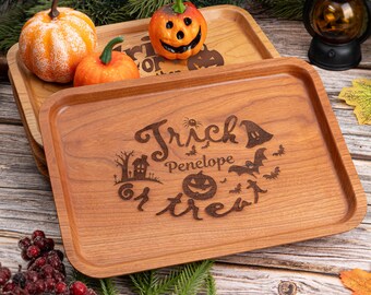 Handmade Cherry Wood Halloween Candy Tray: Engraved Serving Dish