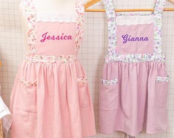 Personalized Kids Apron, Floral Straps, Lace Collar, Embroidered Name Art, Children's Pocket Apron
