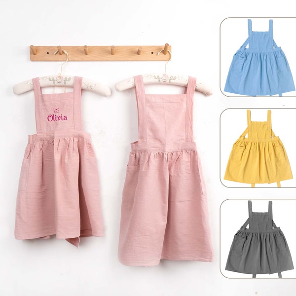 Personalized Kid’s Apron With Embroidery, Cooking Pinafore With Custom Color,  Gifts for Kids, Cotton Linen Fabric, Cross Back With Pockets