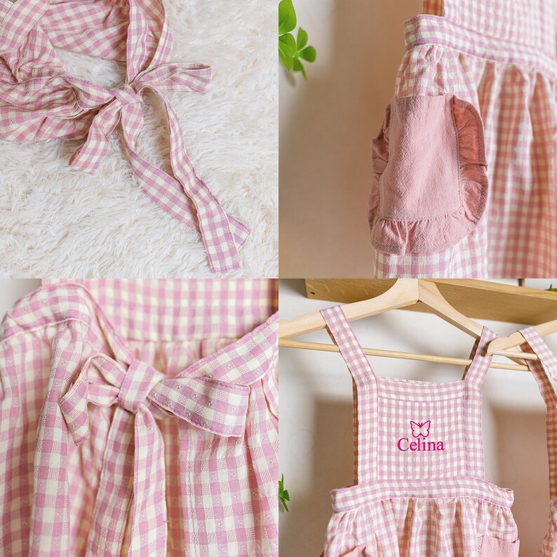 May include: Pink and white gingham apron with a butterfly and the name "Celina" embroidered on the front. The apron has adjustable straps and a large pocket.