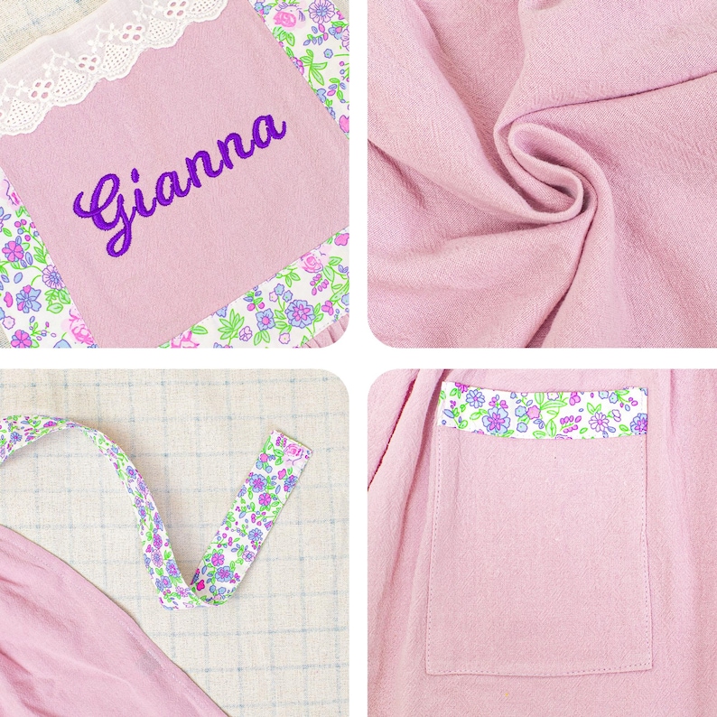以下が含まれることがあります： 紫色の「Gianna」の刺繍が入った、明るいピンク色のパーソナライズされたベビーブランケット。ブランケットは、花柄のトリムとマッチするリボンが特徴です。デザインには、花のトリムとレースのボーダーが付いたポケットが含まれています。