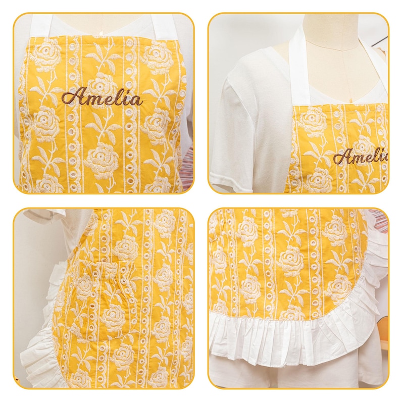 May include: A yellow apron with a floral pattern and the name "Amelia" embroidered in a cursive font. The apron has white trim and a ruffled bottom edge. The apron is displayed on a mannequin.
