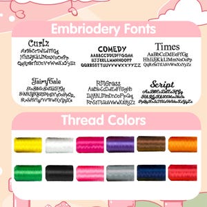 May include: A chart showing different embroidery fonts and thread colors. The fonts include Curlz, Comedy, Times, Fairy Tale, RMGrass, and Script. The thread colors include yellow, white, pink, purple, brown, orange, green, black, light pink, gray, navy blue, and red.