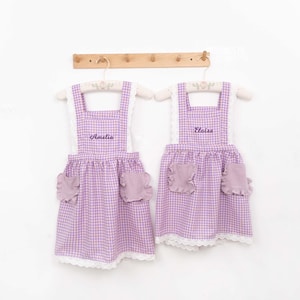 Personalized Kid’s Apron With  Embroidery Name, Cross Back With Plaid Pockets, Kid&#39;s Cooking Pinafore, Christmas Gifts for Kids/Girls