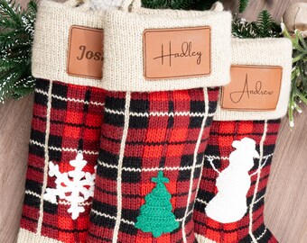 Personalized Knit Christmas Stocking: Leather Patch Family Decor