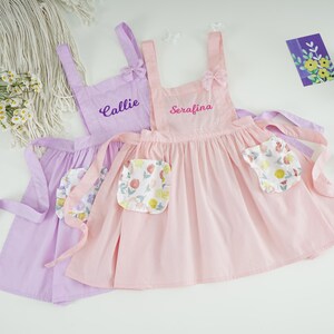 Custom Kids Cooking Pinafore, Personalized Apron For Child, Apron With Embroidery Name For Kids, Floral Pocket Apron, Apron With Bow