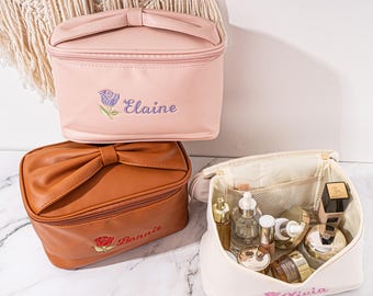 Personalized Embroidered Makeup Bag: Faux Leather Travel Cosmetic Bag