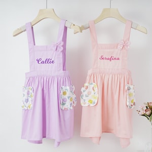Personalized Kids Apron Embroidered Your Name, Custom Toddler Apron With Floral Pockets, Christmas Gift For Child, Little Chef Cooking Apron