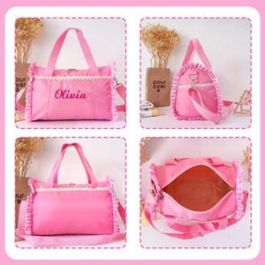 May include: Pink duffel bag with a white lace trim and ruffled edges. The bag has a shoulder strap and handles. The name "Olivia" is embroidered on the front. The bag is shown from multiple angles.
