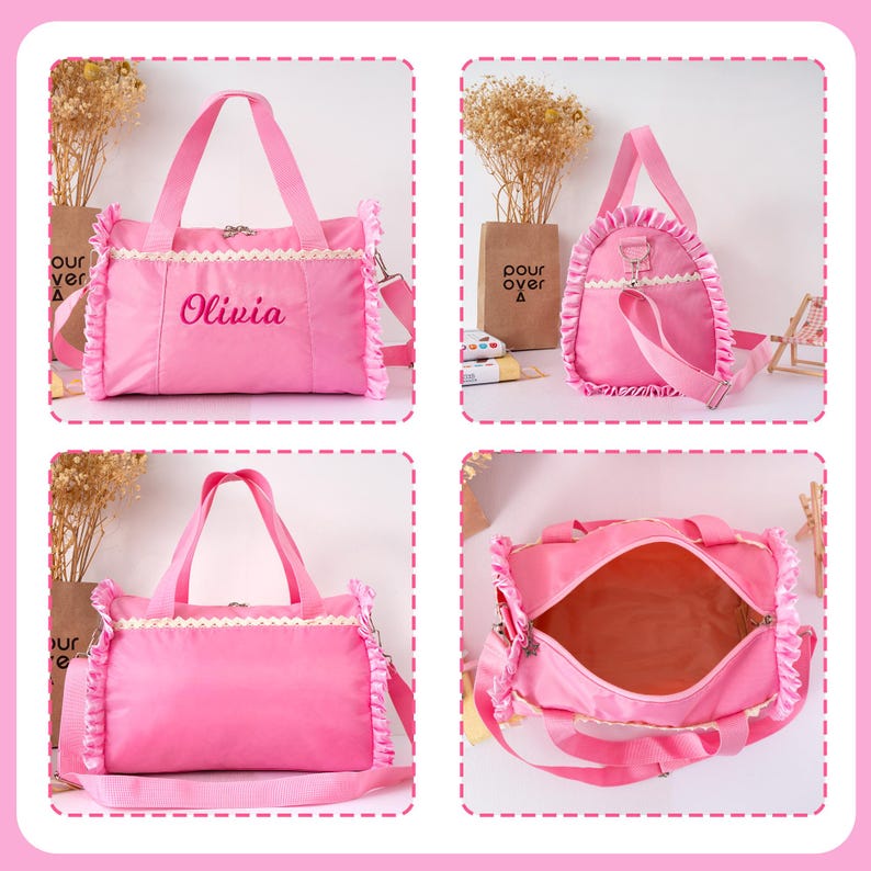 May include: Pink duffel bag with a white lace trim and ruffled edges. The bag has a shoulder strap and handles. The name "Olivia" is embroidered on the front. The bag is shown from multiple angles.