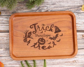 Handmade Halloween Candy Tray: Engraved Cherry Wood Serving Dish