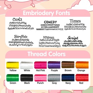 May include: A pink graphic with embroidery fonts and thread colors. The fonts include Curlz, Comedy, Times, Fairy Tale, RMGrass, and Script. Thread colors are yellow, white, hot pink, purple, brown, orange, green, black, punch, gray, navy, and red.