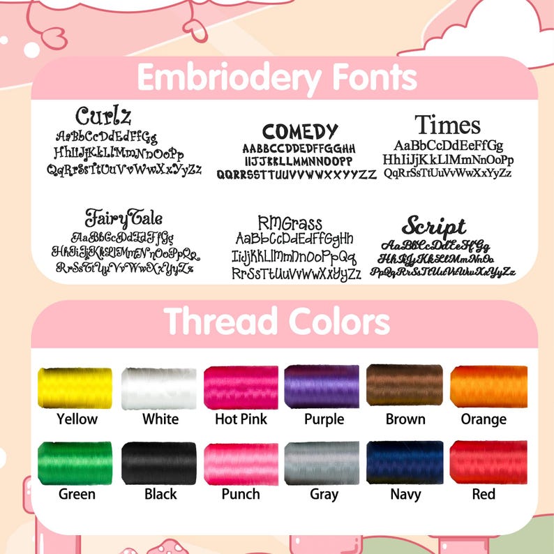 May include: A pink graphic with embroidery fonts and thread colors. The fonts include Curlz, Comedy, Times, Fairy Tale, RMGrass, and Script. Thread colors are yellow, white, hot pink, purple, brown, orange, green, black, punch, gray, navy, and red.