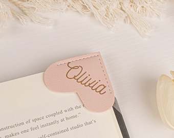 Personalized Heart Bookmark: Faux Leather Corner Bookmark, Reader Gift
