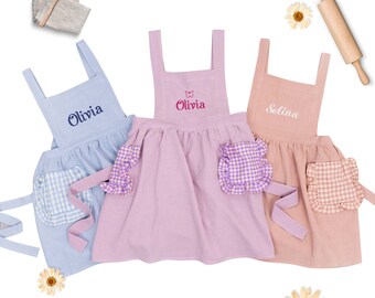 Personalized Kid’s Apron With  Embroidery Name, Cross Back With Plaid Pockets, Kid's Cooking Pinafore, Christmas Gifts for Kids/Girls