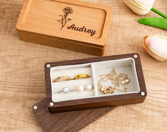 Boîte à bijoux en bois personnalisée, étui de voyage gravé, cadeau de demoiselle d'honneur