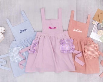 Personalized Kids Apron With Embroidery Name, Cross Back With Plaid Pockets, Toddler Cooking Pinafore