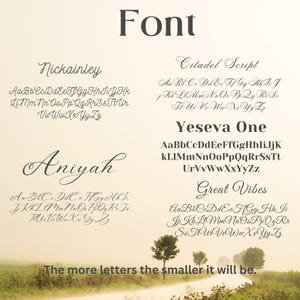 Puede incluir: Un gr&aacute;fico que muestra diferentes fuentes con los nombres "Nickainley", "Aniyah", "Citadel Script", "Yeseva One" y "Great Vibes". El texto "The more letters the smaller it will be." est&aacute; en la parte inferior de la imagen.