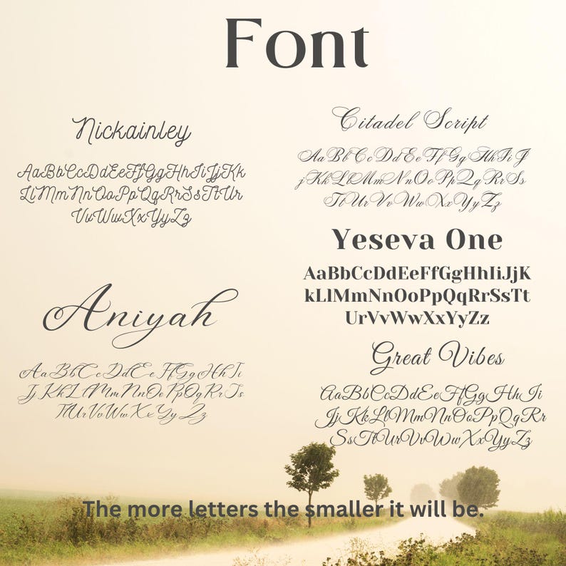 Puede incluir: Un gr&aacute;fico que muestra diferentes fuentes con los nombres "Nickainley", "Aniyah", "Citadel Script", "Yeseva One" y "Great Vibes". El texto "The more letters the smaller it will be." est&aacute; en la parte inferior de la imagen.