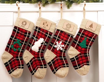 Personalized Knit Christmas Stocking: Engraved Leather Patch, Family Stocking