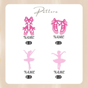 May include: Four pink ballet-themed embroidery designs. The first design is a pair of pink ballet shoes with a bow. The second design is a pair of pink ballet shoes with a criss-cross strap. The third design is a pink silhouette of a ballerina. The fourth design is a pink silhouette of a ballerina.