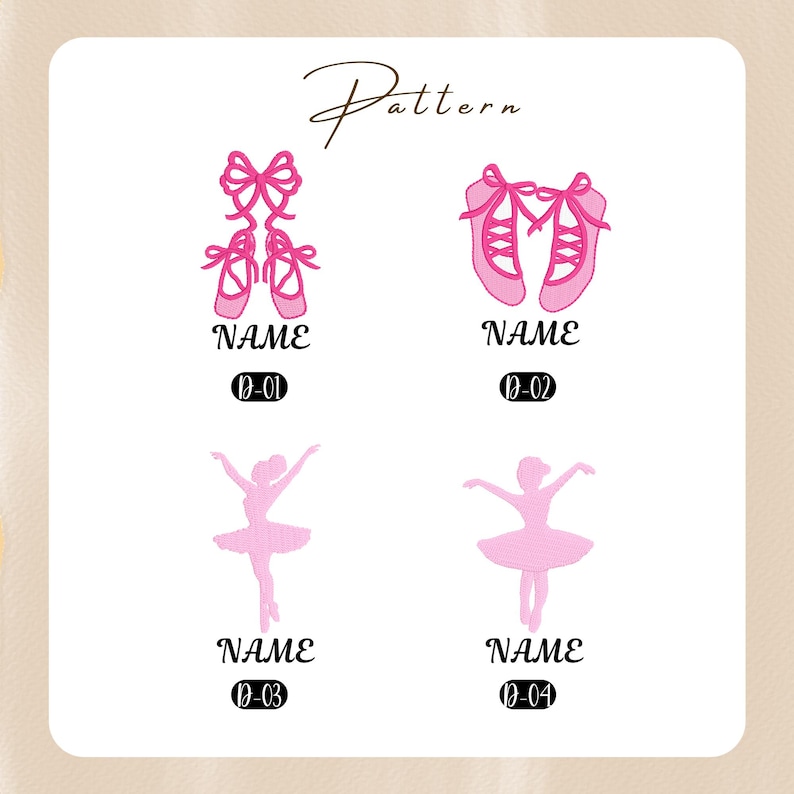 May include: Four pink ballet-themed embroidery designs. The first design is a pair of pink ballet shoes with a bow. The second design is a pair of pink ballet shoes with a criss-cross strap. The third design is a pink silhouette of a ballerina. The fourth design is a pink silhouette of a ballerina.