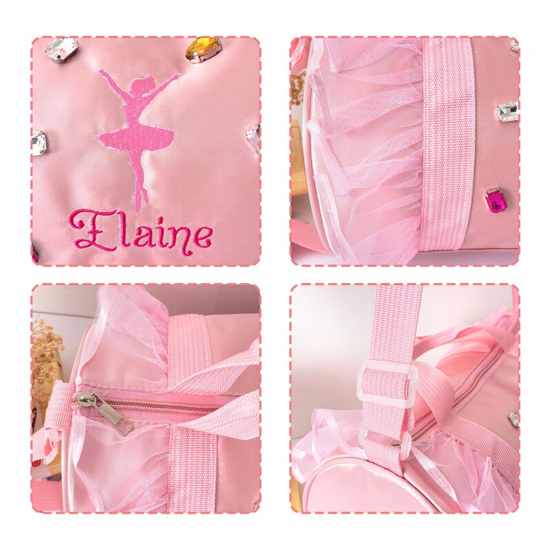 Peut inclure: Sac de ballet rose avec un motif de ballerine et le nom "Elaine" brod&eacute; en rose. Le sac pr&eacute;sente une bordure en tulle, des pierres pr&eacute;cieuses d&eacute;coratives, une fermeture &eacute;clair et une bandouli&egrave;re. Un charmant accessoire pour les passionn&eacute;s de danse.