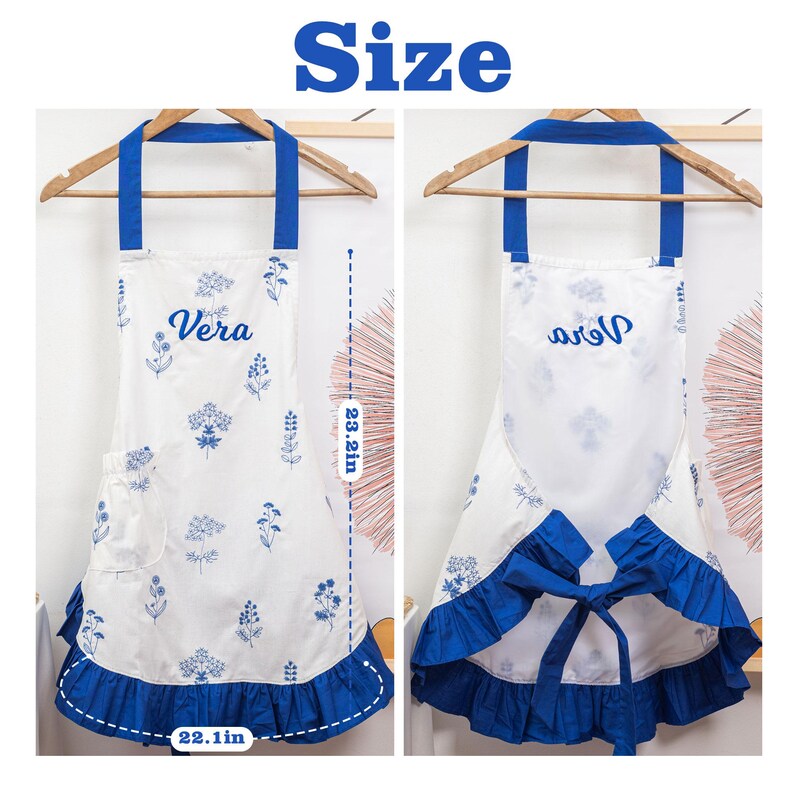 May include: White apron with blue floral pattern and the name "Vera" embroidered on the front. The apron has a blue ruffle at the bottom and blue straps. It measures 23.2 inches in height and 22.1 inches in width.