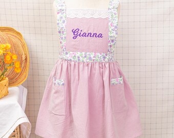 Personalized Kids Floral Apron, Embroidered Name Baking Chef Art Garden Apron, Gifts for Girls
