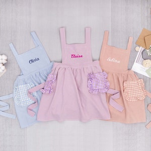 Kids Apron, Personalized Kid’s Apron With  Embroidery Name, Cross Back With Plaid Pockets, Kid&#39;s Cooking Pinafore, Christmas Gifts for Kids