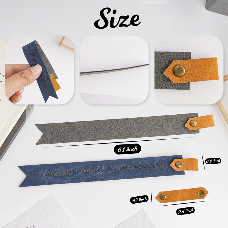 Puede incluir: Un marcap&aacute;ginas azul con el texto "Books are the ladder of human progress" y un marcap&aacute;ginas gris con una correa de cuero marr&oacute;n. Los marcap&aacute;ginas miden 15,5 cm de largo, 12 cm de ancho y 2 cm de grosor.