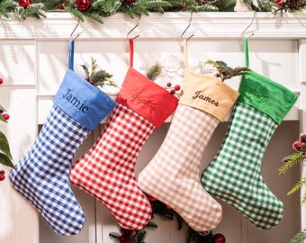 Personalized Plaid Christmas Stocking: Embroidered Family Holiday Decor
