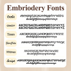 May include: A graphic showing six different embroidery fonts, including Curlz, Comedy, Times, Fairy Tale, RMGrass, and Script. Each font is shown with uppercase and lowercase letters.
