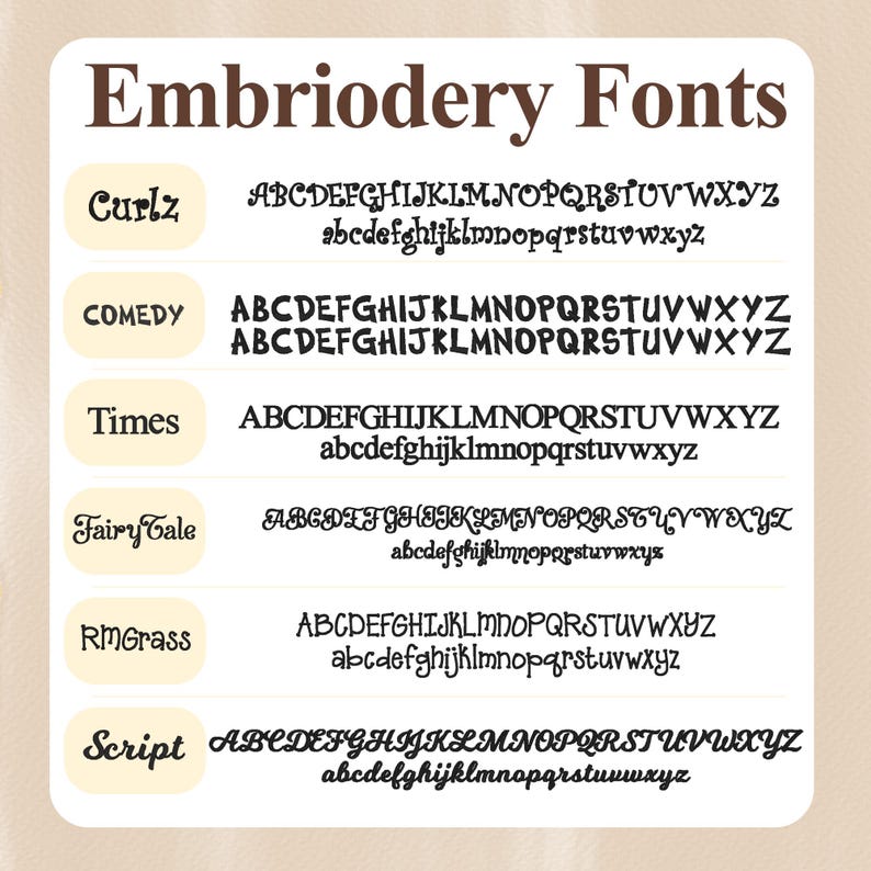 May include: A graphic showing six different embroidery fonts, including Curlz, Comedy, Times, Fairy Tale, RMGrass, and Script. Each font is shown with uppercase and lowercase letters.