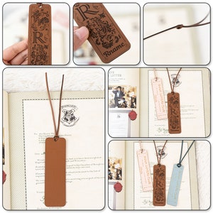May include: Three brown leather bookmarks with a decorative design and the text "BOOK LOVERS CLUB" and "Olivia". The bookmarks have a brown leather tassel and a brown leather strap. One bookmark has the letter "R" and the text "Rname".