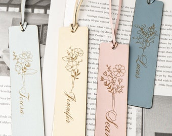 Custom Faux Leather Bookmark: Birth Month Flower, Personalized Name