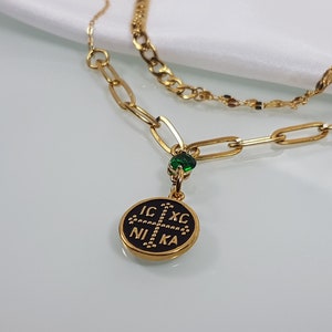 Greek Orthodox Gold Coin Pendant Double Chain Necklace