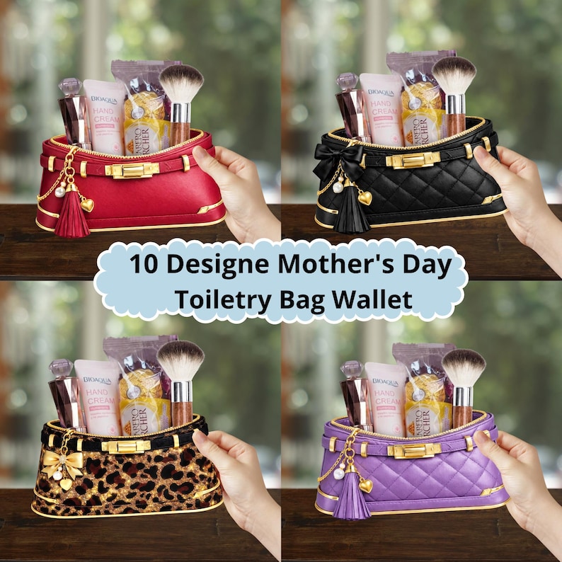 May include: Four cosmetic bag wallets in red, black, leopard print, and purple, each filled with beauty products. The bags have gold accents and are decorated with tassels and charms. Text on the image reads "10 Designe Mother's Day Toiletry Bag Wallet."